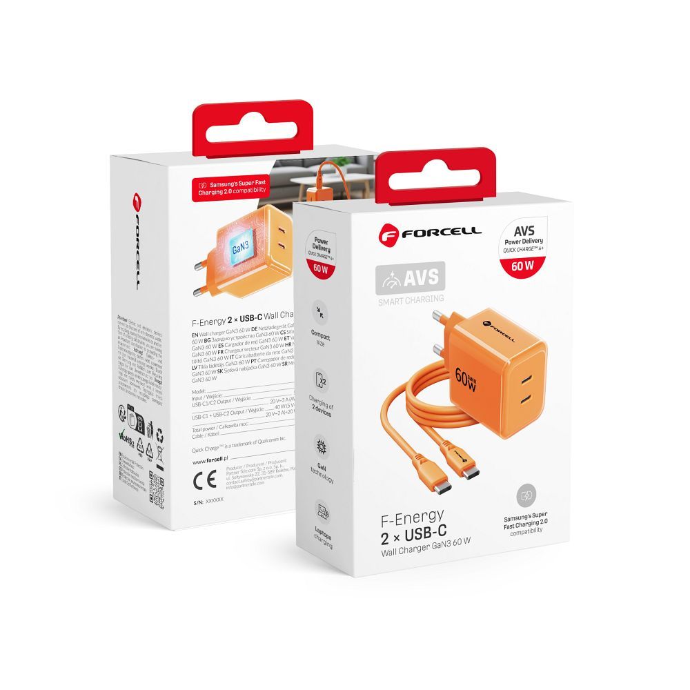 Ładowarka sieciowa Forcell VT-60 F-Energy AVS 60W GaN III Crystal Color 2xUSB-C + kabel 1 m pomarańczowa SAMSUNG Galaxy S23 / 5 Ładowarka sieciowa Forcell VT-60 F-Energy AVS 60W GaN III Crystal Color 2xUSB-C + kabel 1 m pomarańczowa SAMSUNG Galaxy S23 / 5