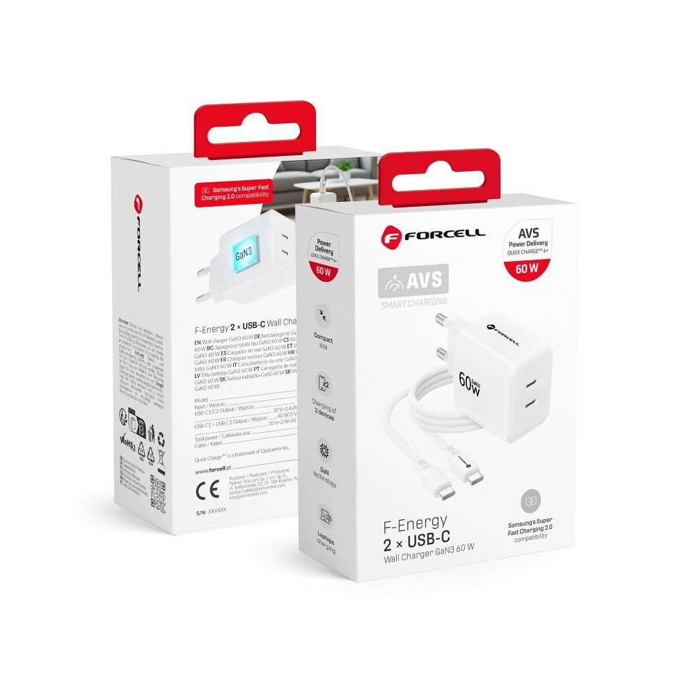 Ładowarka sieciowa Forcell VT-60 F-Energy AVS 60W GaN III Crystal Color 2xUSB-C + kabel 1 m biała SAMSUNG Galaxy M15 5G / 5 Ładowarka sieciowa Forcell VT-60 F-Energy AVS 60W GaN III Crystal Color 2xUSB-C + kabel 1 m biała SAMSUNG Galaxy M15 5G / 5