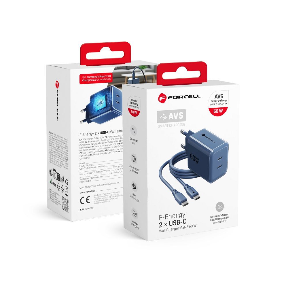Ładowarka sieciowa Forcell VT-60 F-Energy AVS 60W GaN III Crystal Color 2xUSB-C + kabel 1 m granatowa SAMSUNG Galaxy M35 5G / 5 Ładowarka sieciowa Forcell VT-60 F-Energy AVS 60W GaN III Crystal Color 2xUSB-C + kabel 1 m granatowa SAMSUNG Galaxy M35 5G / 5