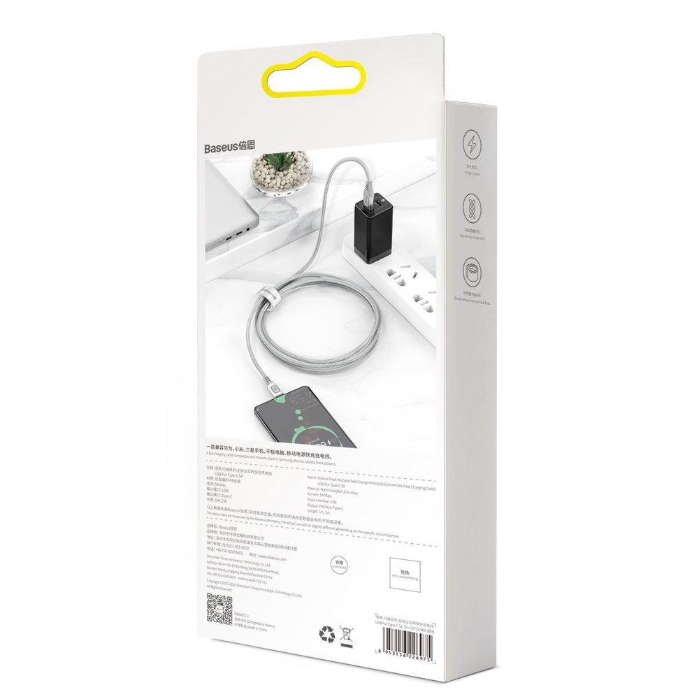 Kabel USB Baseus CATSS-B0S Quick Charge 5A 2m Typ-C srebrny LG V60 ThinQ / 6