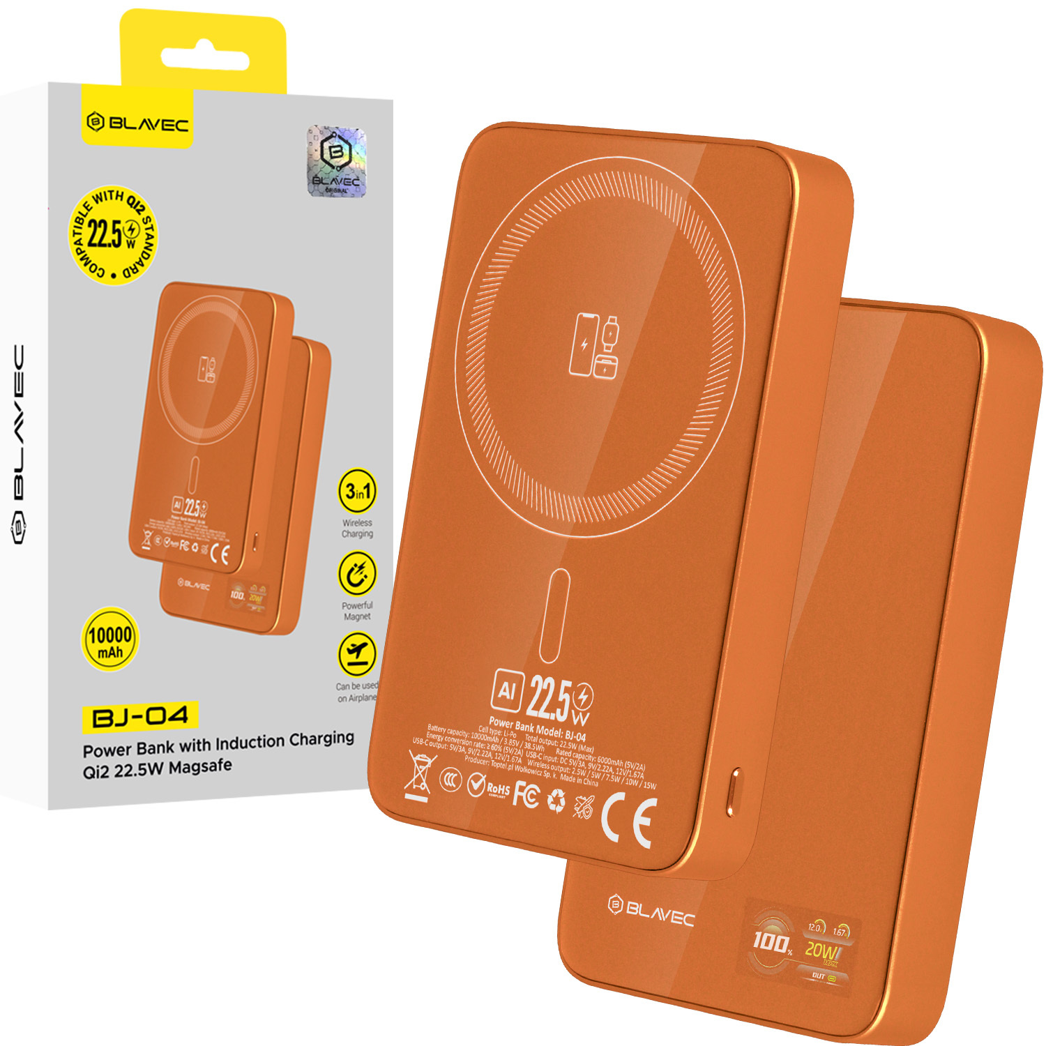 Power bank Blavec BJ-04 10000mAh Slim 22,5W indukcyjny Magsafe pomara�czowy ALCATEL 1 2021 / 2