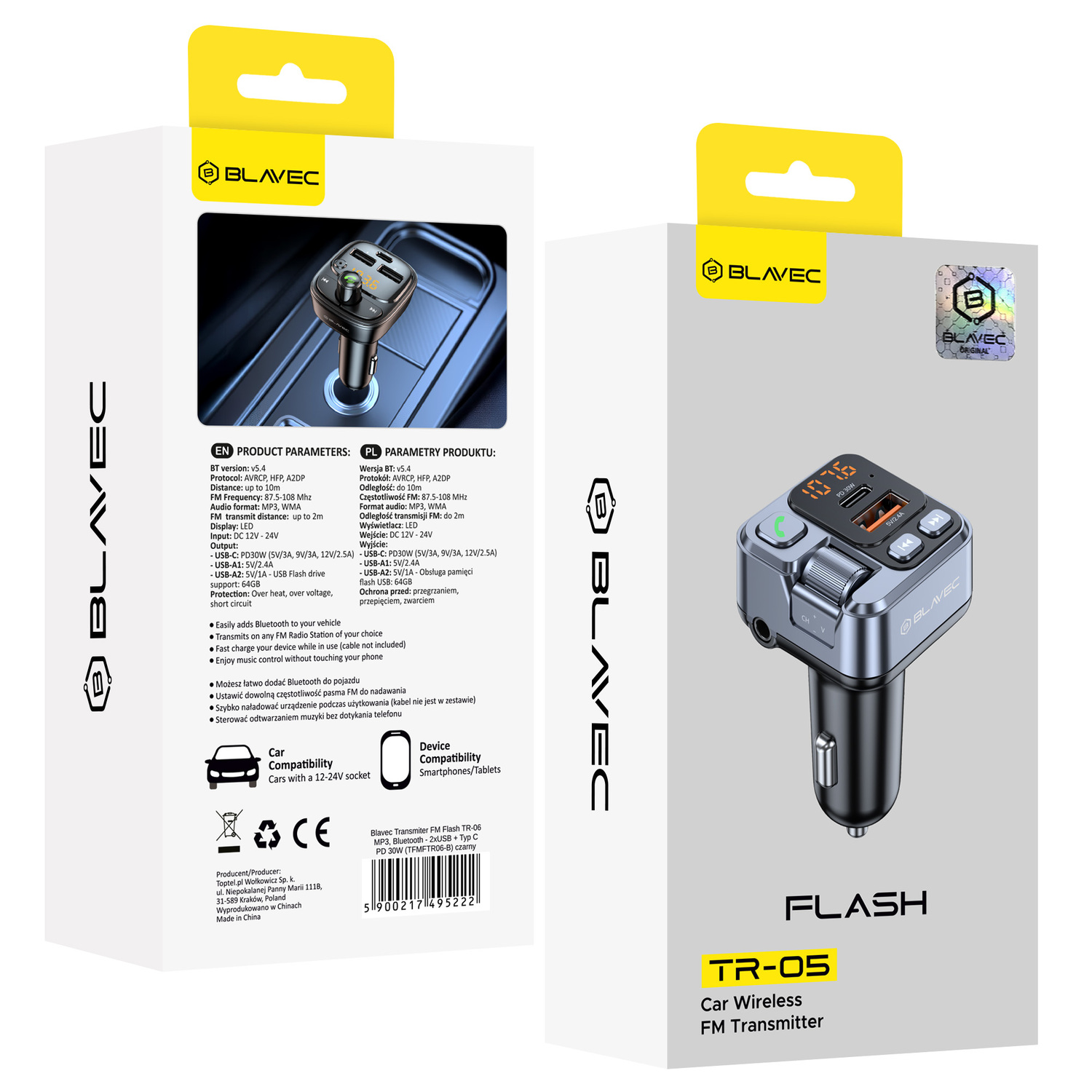 Ładowarka samochodowa Blavec Transmiter FM TR-05 30W USB-C Bluetooth czarny Honor 90 Lite / 8 Ładowarka samochodowa Blavec Transmiter FM TR-05 30W USB-C Bluetooth czarny Honor 90 Lite / 8