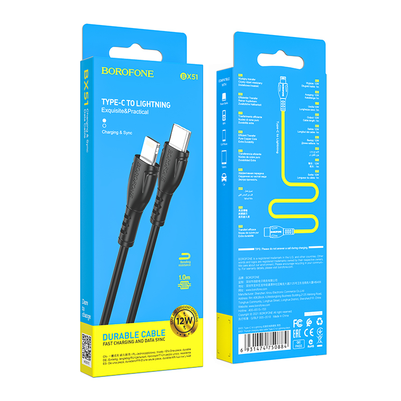 Kabel USB Borofone BX51 Triumph Typ-C na Lightning 2,4A 1m czarny APPLE iPad 7 10.2 / 5