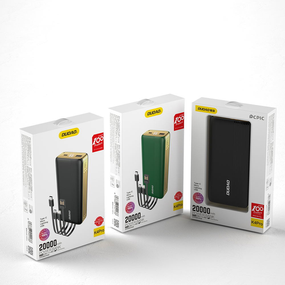 Power bank Dudao K4Pro 20000mAh z wbudowanymi kablami LED czarny Xiaomi Redmi Pro / 3