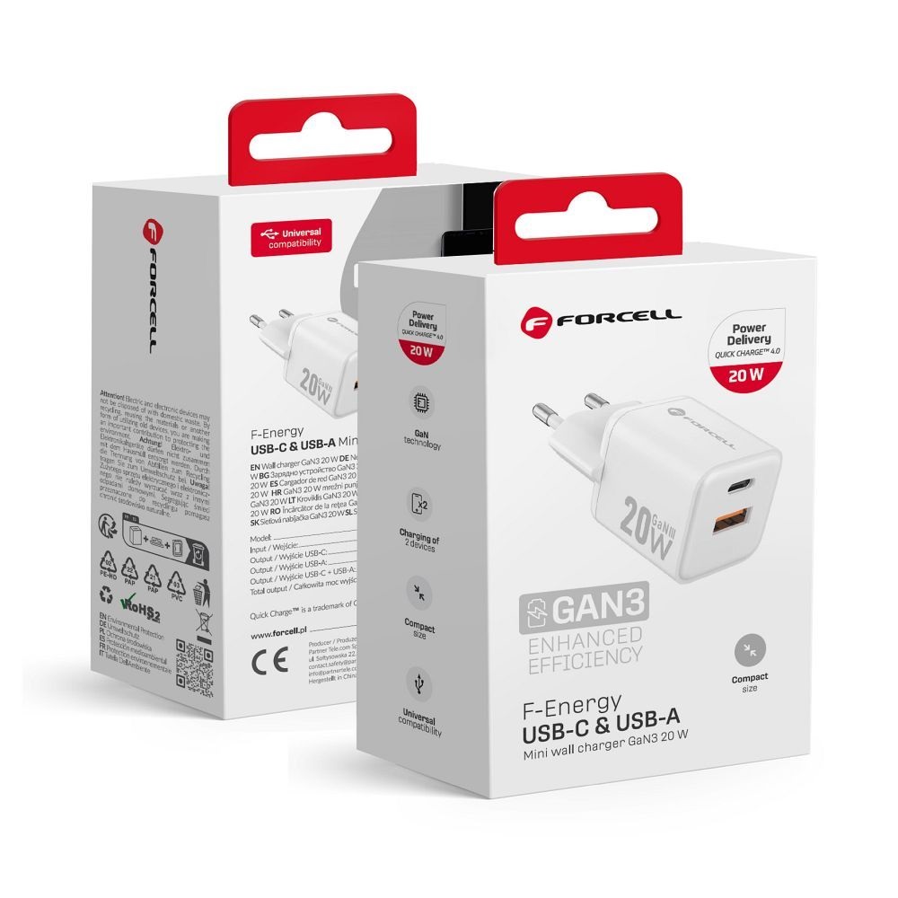 Ładowarka sieciowa Forcell F-Energy Mini GaN III USB C + USB A QC4.0 PD 20W VT-35A kostka biała SAMSUNG Galaxy A04e Ładowarka sieciowa Forcell F-Energy Mini GaN III USB C + USB A QC4.0 PD 20W VT-35A kostka biała SAMSUNG Galaxy A04e