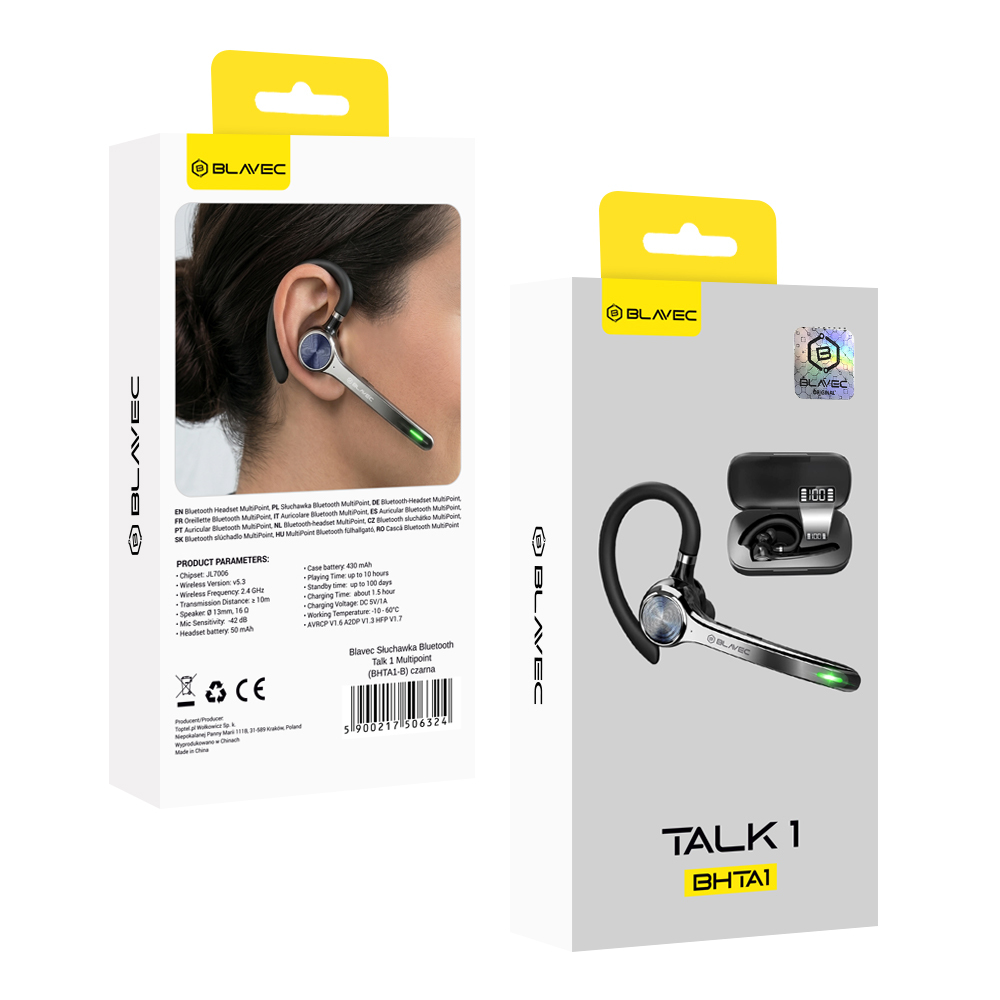 Słuchawka bluetooth Blavec Talk 1 Multipoint czarna Oppo A6 Pro 5G / 8 Słuchawka bluetooth Blavec Talk 1 Multipoint czarna Oppo A6 Pro 5G / 8