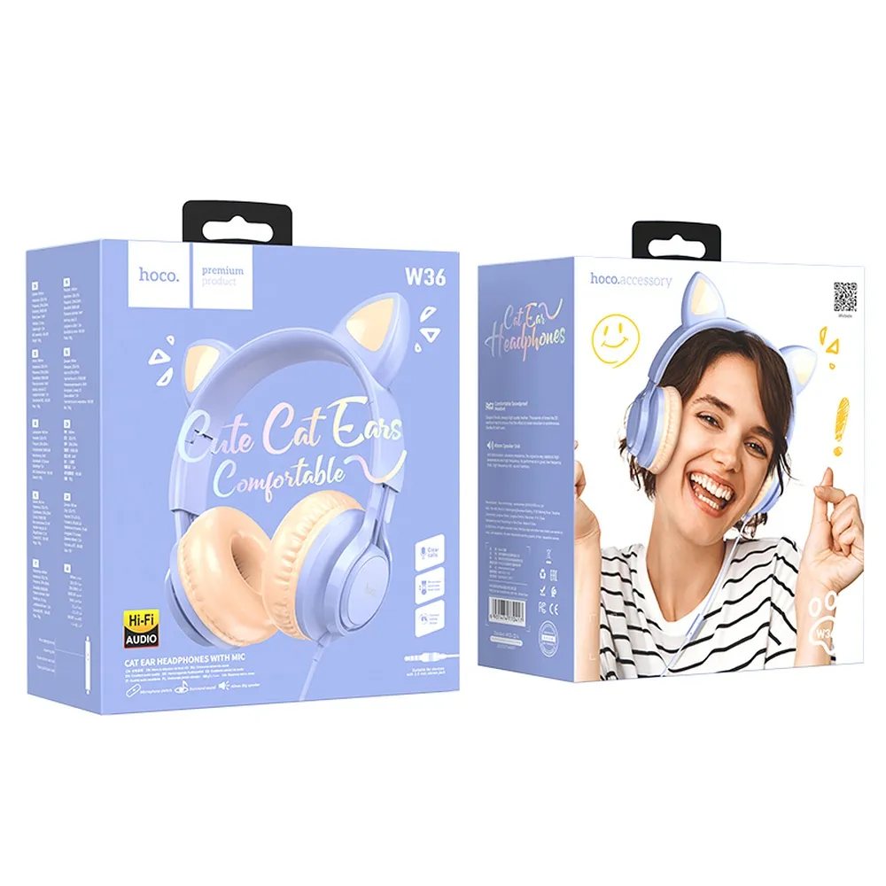 Suchawki HOCO nagowne z mikrofonem W36 Cat Ear niebieskie LG L70 / 4