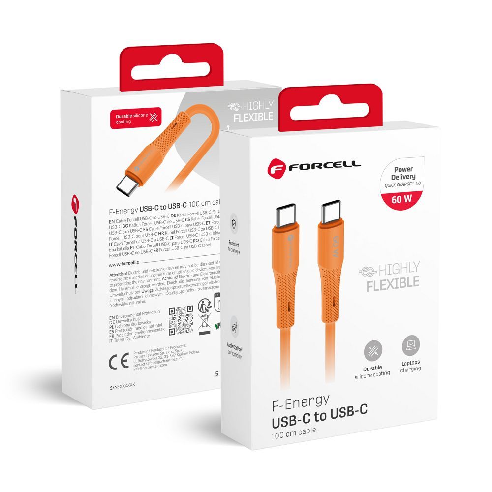 Kabel USB USB-C silikonowy 1m Forcell C344 60W QC4.0 PD 3A pomara�czowy SAMSUNG Galaxy A21s / 5