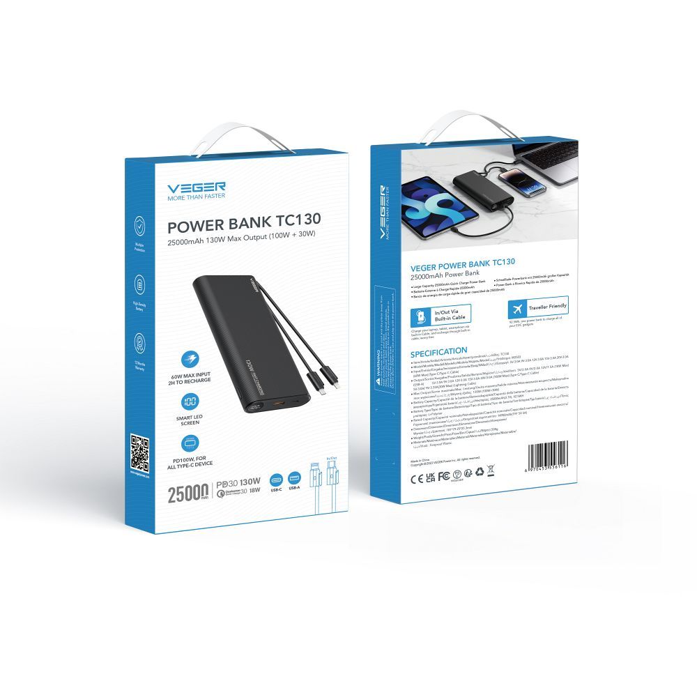 Power bank Veger TCE130 130W 25000mAh z kablami Typ-C Lightning czarny Microsoft Lumia 435 / 11 Power bank Veger TCE130 130W 25000mAh z kablami Typ-C Lightning czarny Microsoft Lumia 435 / 11