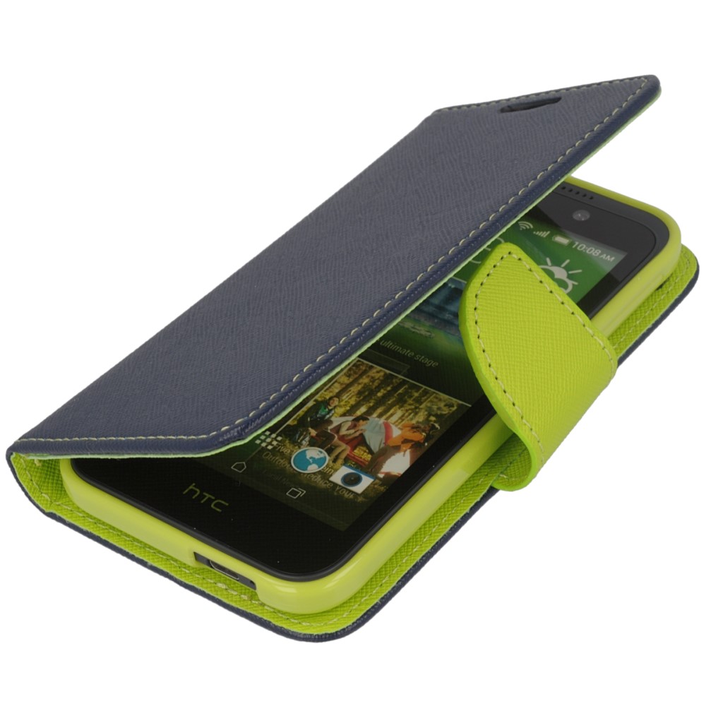 Pokrowiec etui z klapk na magnes Fancy Case granatowo-limonkowe HTC Desire 320