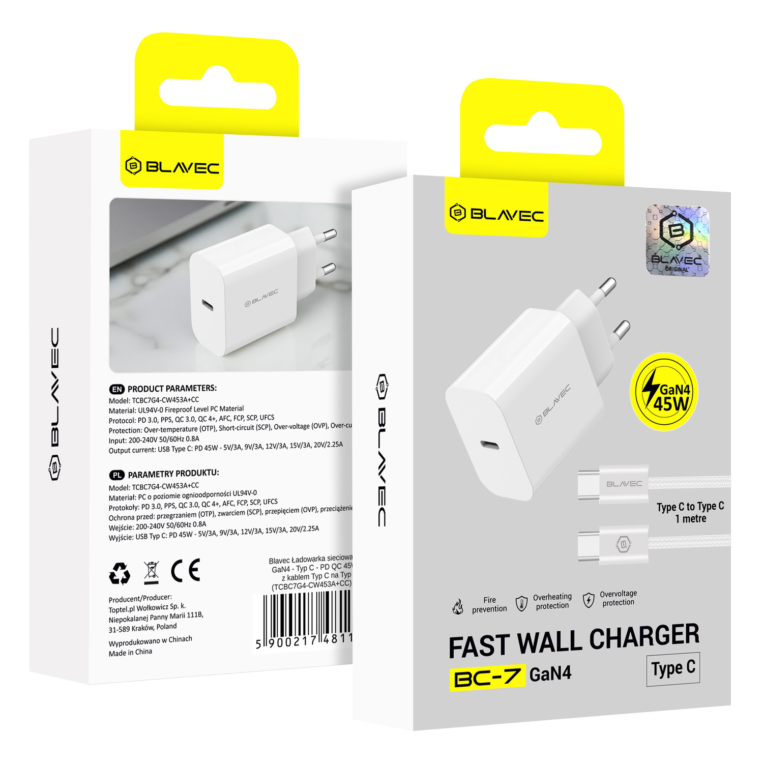 Ładowarka sieciowa Blavec BC-7 GaN4 - Typ C - PD QC 45W 3A z kablem Typ-C biała MOTOROLA One Zoom / 4 Ładowarka sieciowa Blavec BC-7 GaN4 - Typ C - PD QC 45W 3A z kablem Typ-C biała MOTOROLA One Zoom / 4