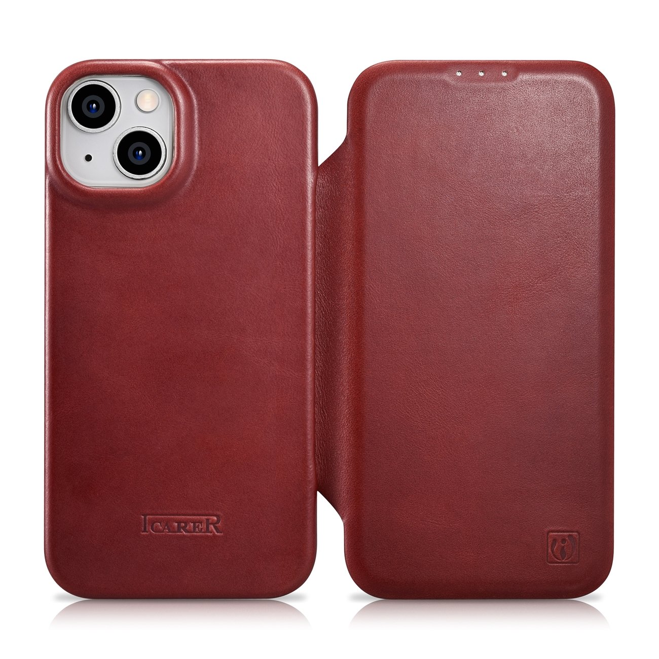 Pokrowiec etui skrzane z klapk iCarer CE Oil Wax Premium Leather Folio Case czerwone APPLE iPhone 14