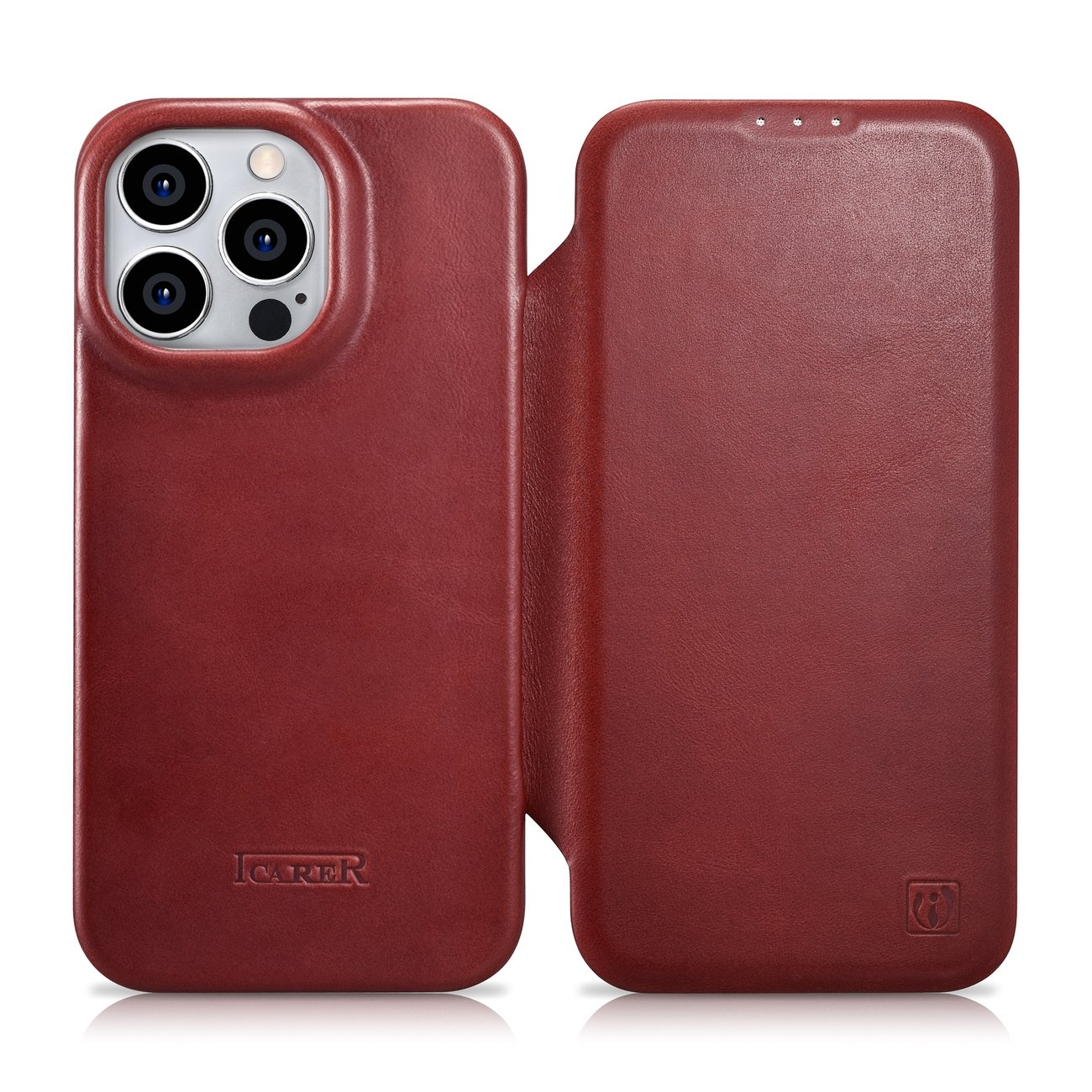 Pokrowiec etui skrzane z klapk iCarer CE Oil Wax Premium Leather Folio Case czerwone APPLE iPhone 14 Pro