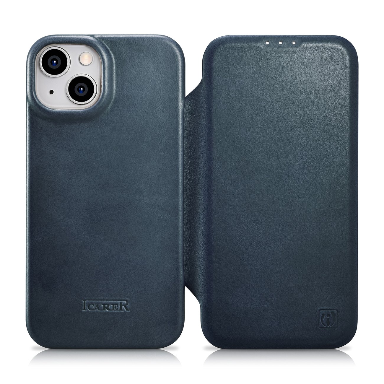 Pokrowiec etui skrzane z klapk iCarer CE Oil Wax Premium Leather Folio Case niebieskie APPLE iPhone 14 Plus