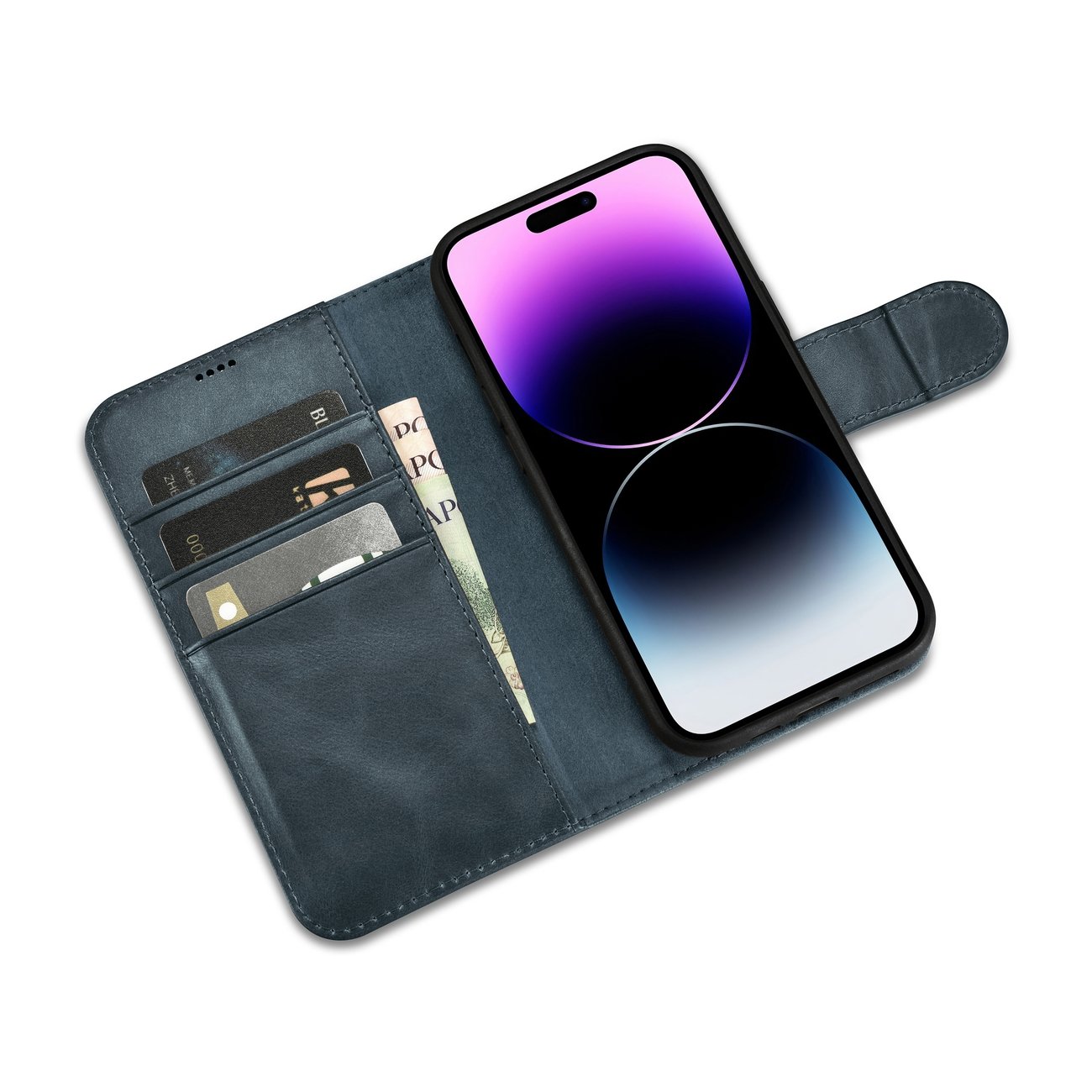 Pokrowiec etui skrzane z klapk iCarer Oil Wax Wallet Case 2in1 niebieskie APPLE iPhone 14 Pro / 9
