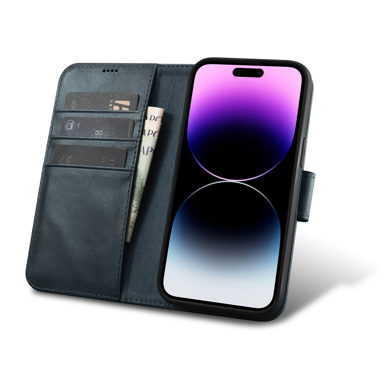 Pokrowiec etui skrzane z klapk iCarer Oil Wax Wallet Case 2in1 niebieskie APPLE iPhone 14 Pro Max / 2