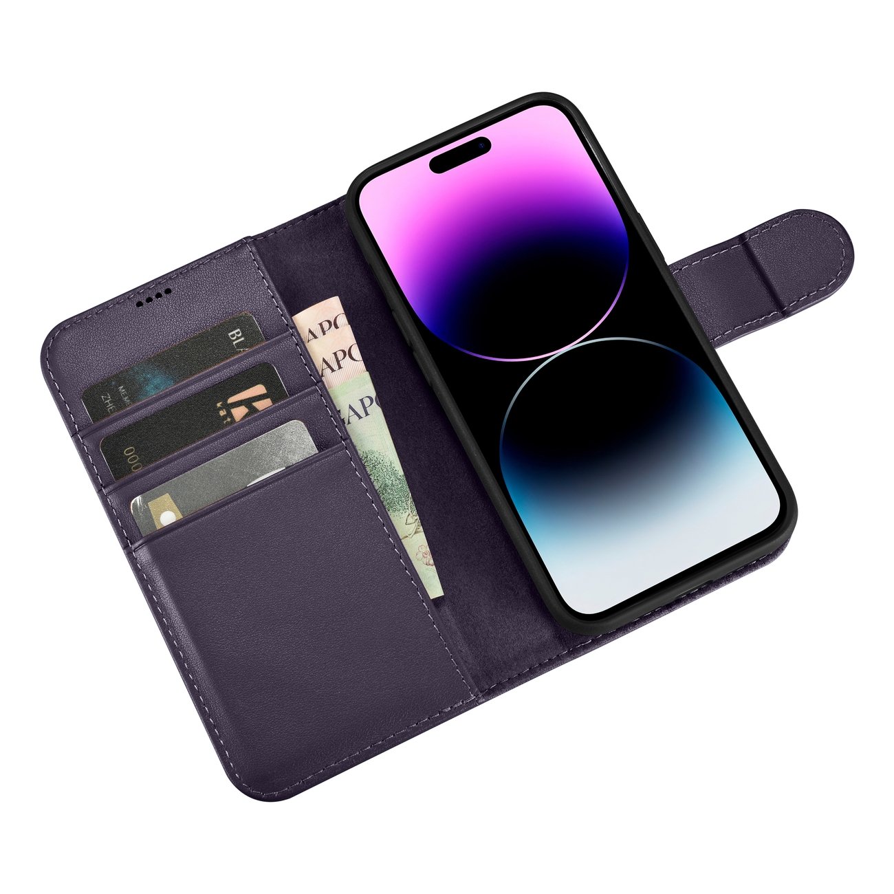 Pokrowiec etui skrzane z klapk iCarer Wallet Case 2in1 ciemnofioletowe APPLE iPhone 14 Pro / 9