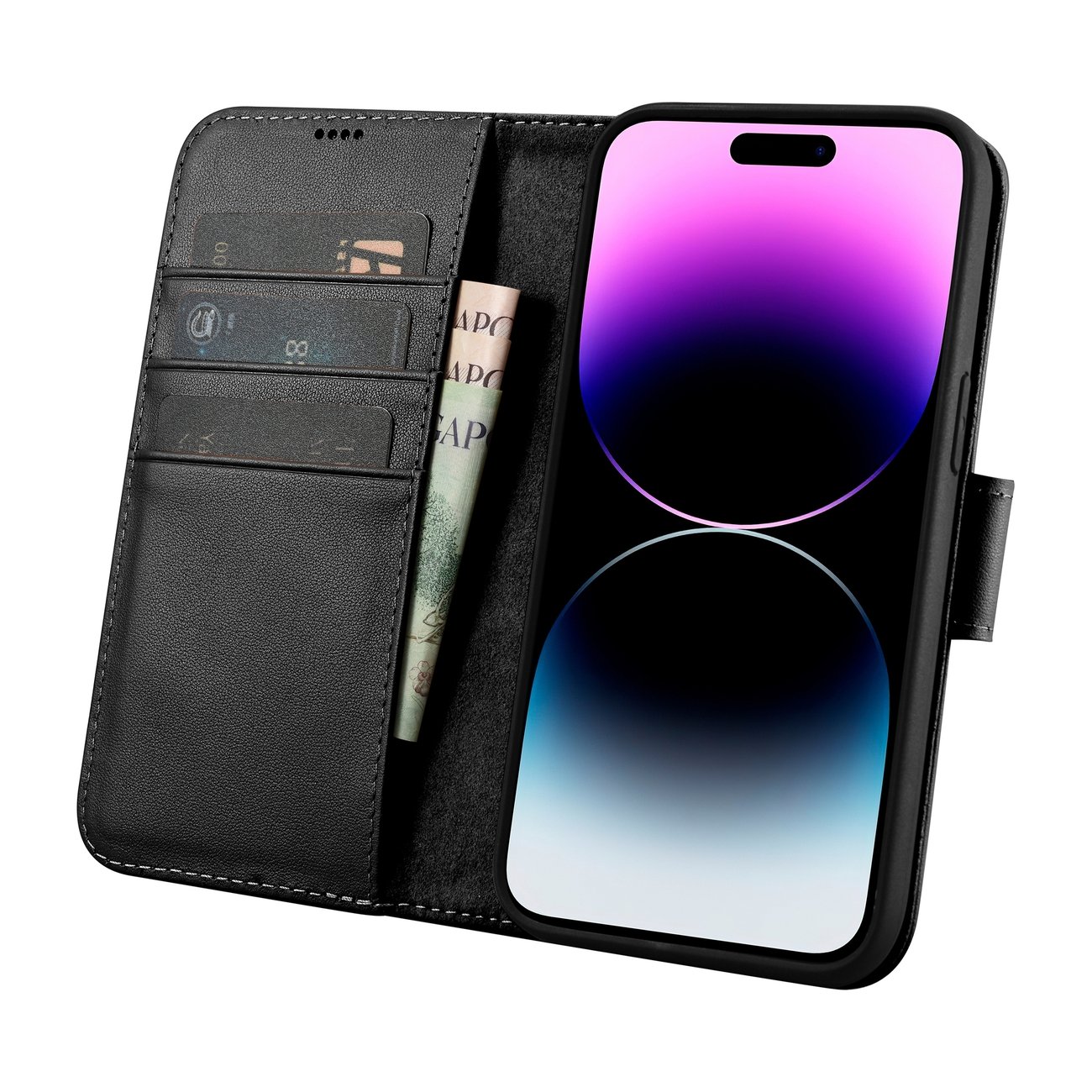 Pokrowiec etui skrzane z klapk iCarer Wallet Case 2in1 czarne APPLE iPhone 14 Pro / 3