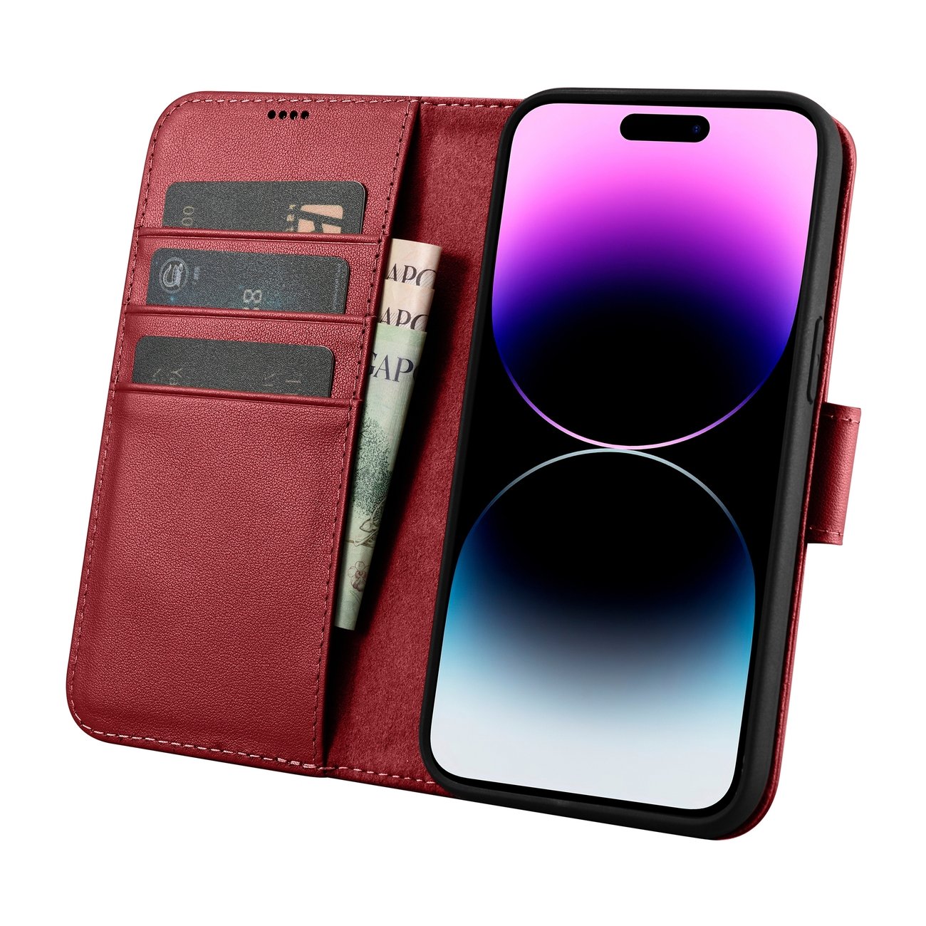 Pokrowiec etui skrzane z klapk iCarer Wallet Case 2in1 czerwone APPLE iPhone 14 Pro / 3