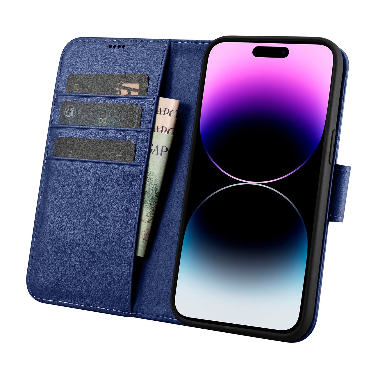 Pokrowiec etui skrzane z klapk iCarer Wallet Case 2in1 niebieskie APPLE iPhone 14 Pro / 3