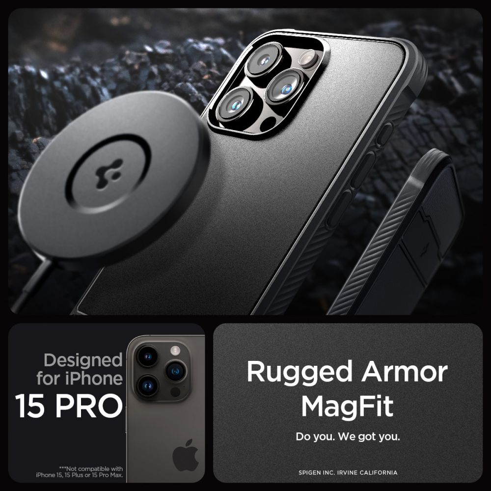 Pokrowiec etui Spigen Rugged Armor Mag Magsafe czarne APPLE iPhone 15 Pro / 11