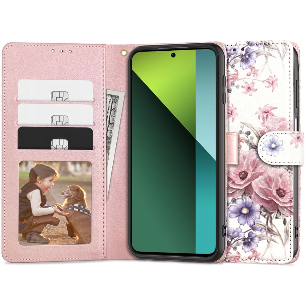 Pokrowiec etui z klapk Tech-protect Wallet Czarne Blossom flower Xiaomi Redmi Note 13 Pro 5G