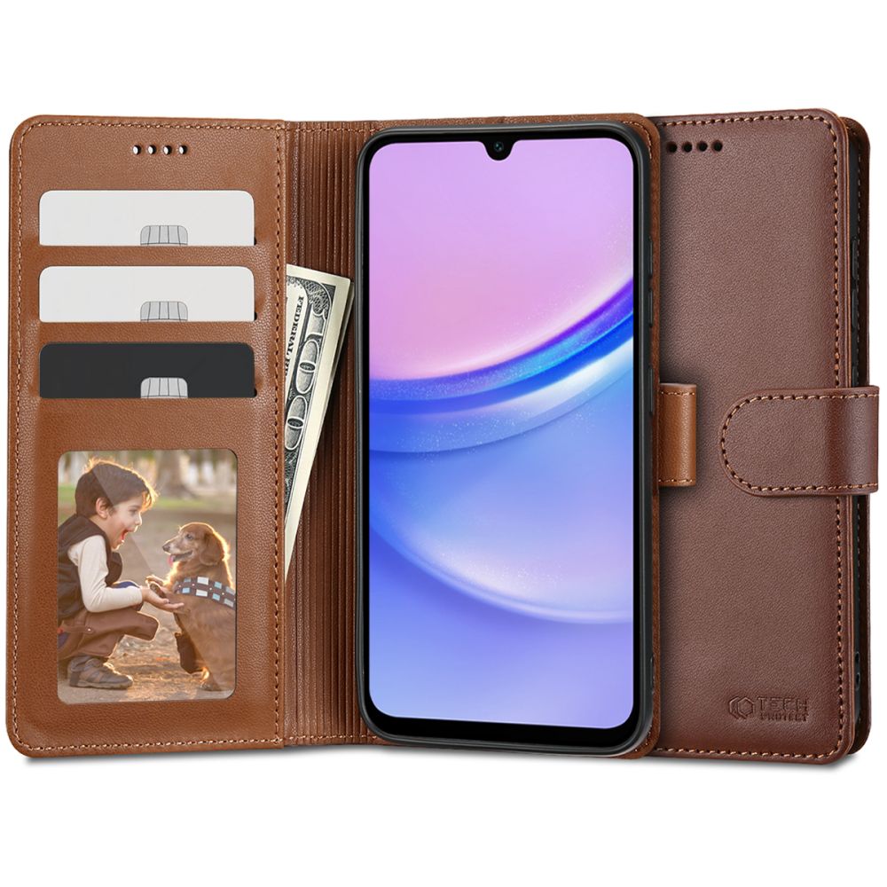 Pokrowiec etui z klapk Tech-protect Wallet Czarne brzowe SAMSUNG Galaxy A15