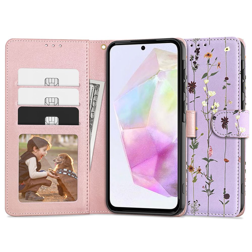 Pokrowiec etui z klapk Tech-protect Wallet Czarne Garden fioletowe SAMSUNG Galaxy A35 5G