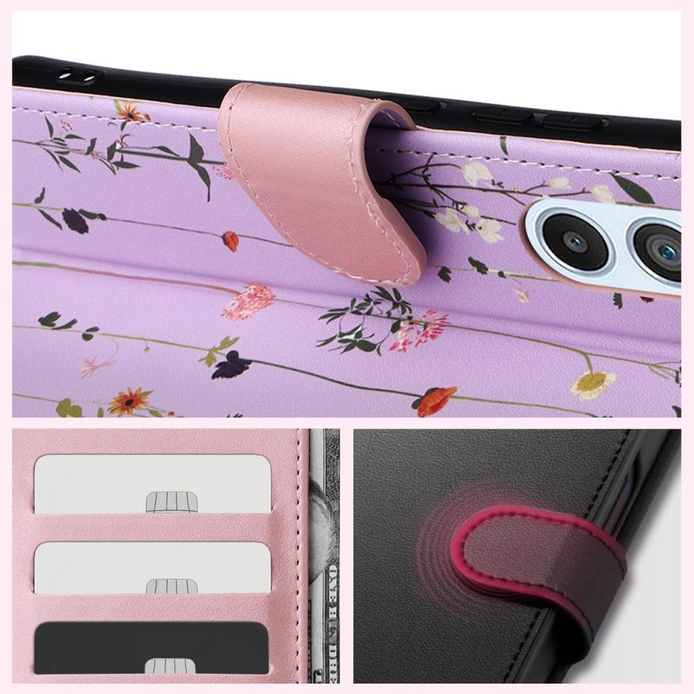 Pokrowiec etui z klapk Tech-protect Wallet Czarne Garden fioletowe SAMSUNG Galaxy A35 5G / 3