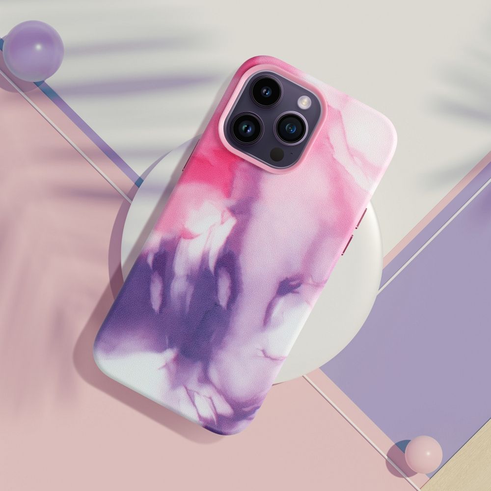 Pokrowiec etui ze skry ekologicznej Leather Mag Cover wzr purple splash APPLE iPhone 14 / 5