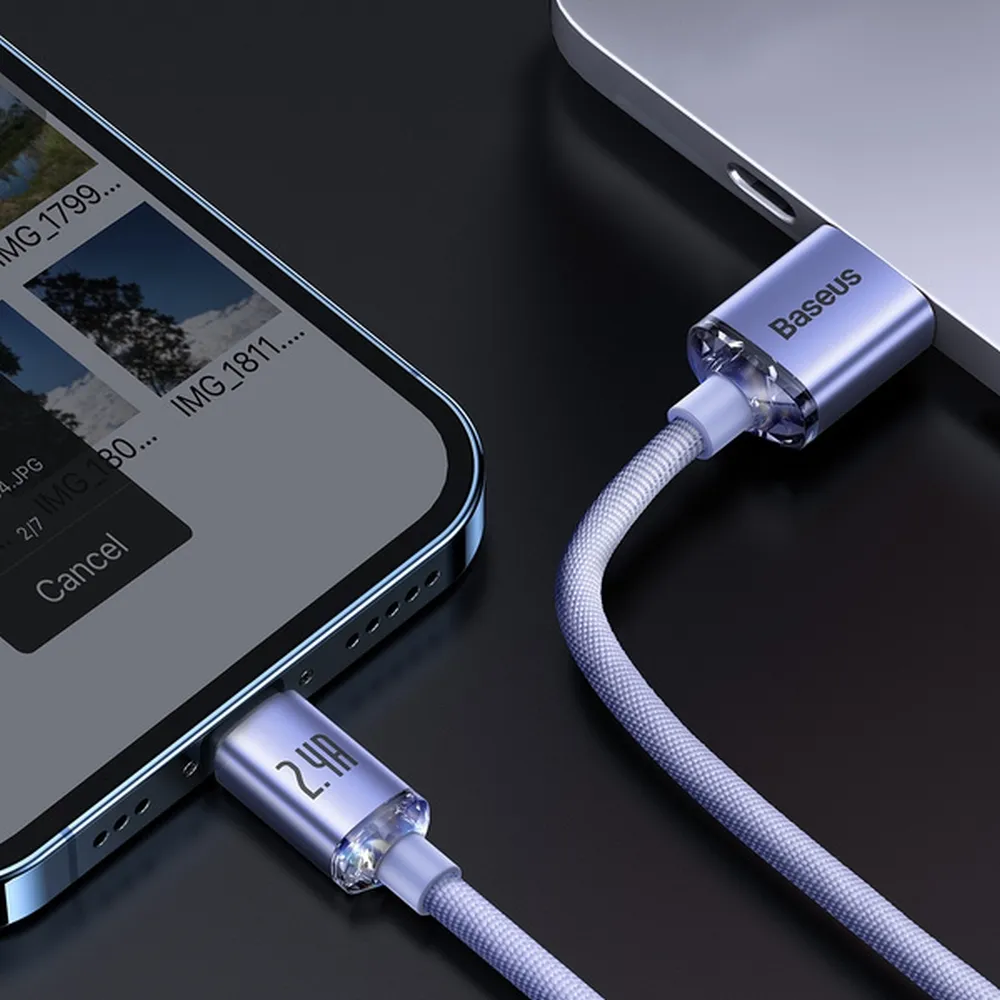 Kabel USB BASEUS Lightning 2,4A Crystal Shine 1,2m fioletowy APPLE iPhone 14 Plus / 8