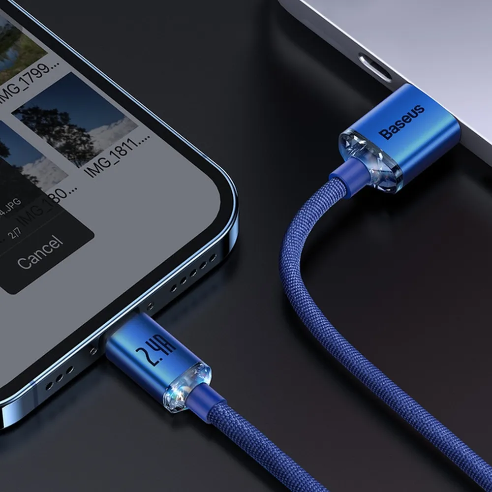 Kabel USB BASEUS Lightning 2,4A Crystal Shine 1,2m niebieski APPLE iPhone 14 Pro / 7
