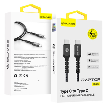 Kabel USB Blavec Raptor Typ-C na Typ-C PD 60W 3A 0,25 m czarny SAMSUNG Galaxy S27 / 2 Kabel USB Blavec Raptor Typ-C na Typ-C PD 60W 3A 0,25 m czarny SAMSUNG Galaxy S27 / 2