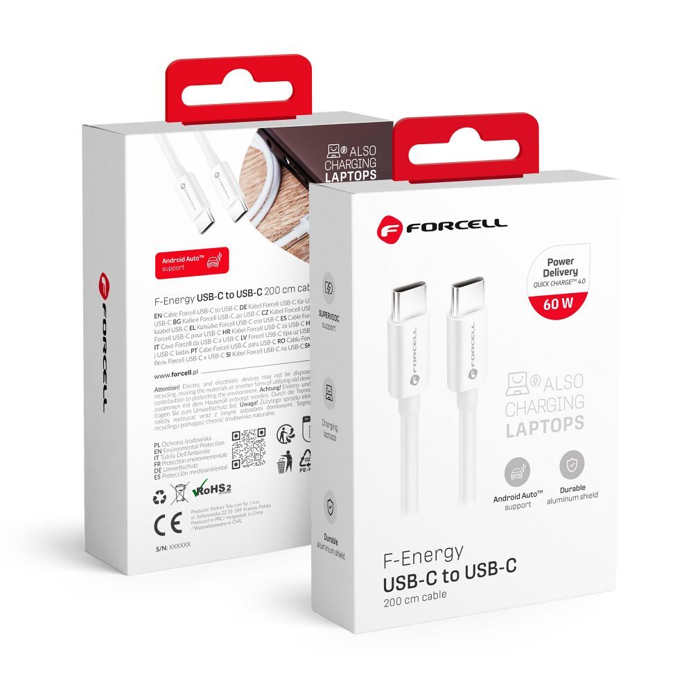 Kabel USB USB-C do USB-C Forcell F-Energy QC4.0 PD 3A 60W 2 m C338 biały HUAWEI Mate 20 Lite / 2 Kabel USB USB-C do USB-C Forcell F-Energy QC4.0 PD 3A 60W 2 m C338 biały HUAWEI Mate 20 Lite / 2