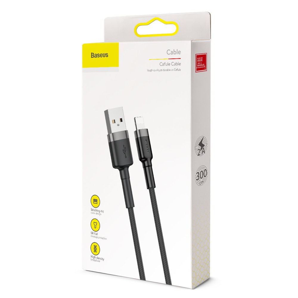Kabel USB Baseus Cafule 3m 2A Lightning czarno-szary APPLE iPhone 14 Pro Max / 9