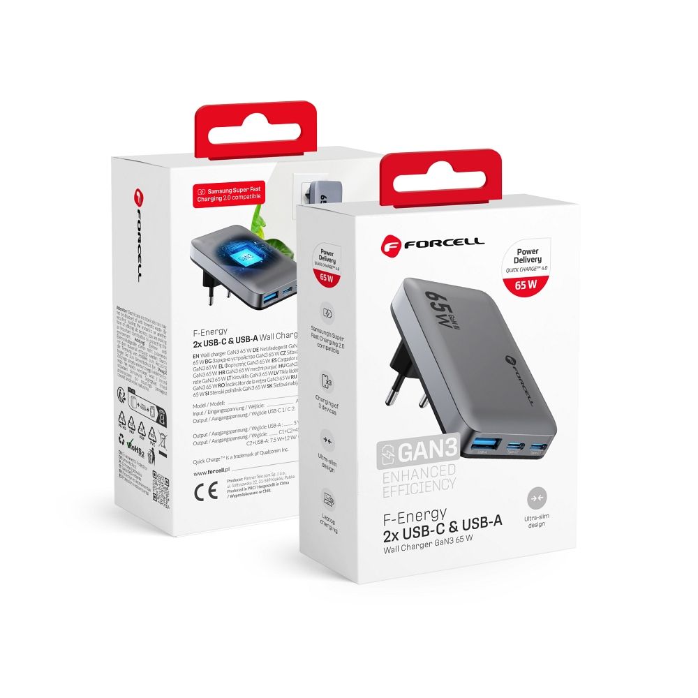 Ładowarka sieciowa Forcell F-Energy Ultra Slim GaN III 2xUSB-C + USB-A QC4.0 PD 4A 65W VT-47 szara SONY Xperia X / 11 Ładowarka sieciowa Forcell F-Energy Ultra Slim GaN III 2xUSB-C + USB-A QC4.0 PD 4A 65W VT-47 szara SONY Xperia X / 11