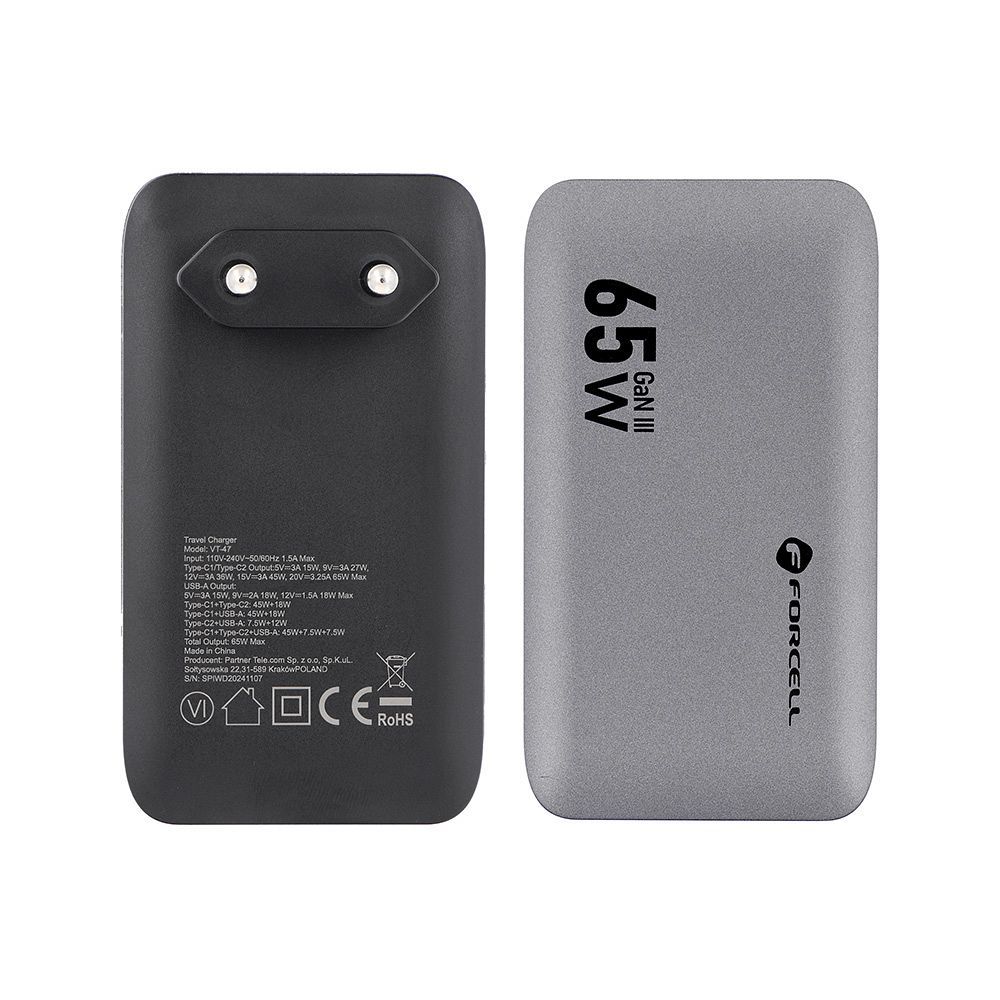 Ładowarka sieciowa Forcell F-Energy Ultra Slim GaN III 2xUSB-C + USB-A QC4.0 PD 4A 65W VT-47 szara SONY Xperia X / 5 Ładowarka sieciowa Forcell F-Energy Ultra Slim GaN III 2xUSB-C + USB-A QC4.0 PD 4A 65W VT-47 szara SONY Xperia X / 5