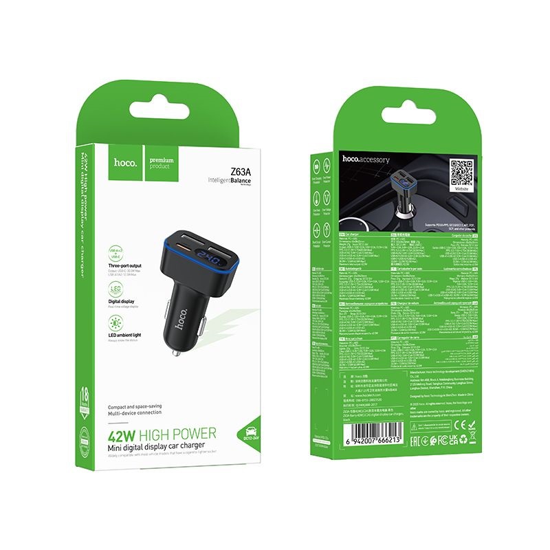 Ładowarka samochodowa Hoco z LCD 2x USB A + 1x USB C QC3.0 PD 42W Z63A czarna Realme 9i / 5 Ładowarka samochodowa Hoco z LCD 2x USB A + 1x USB C QC3.0 PD 42W Z63A czarna Realme 9i / 5
