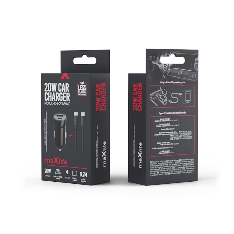 Ładowarka samochodowa Maxlife PD QC MXCC-04 1x USB-C 1x USB 20W czarna + kabel USB-C - USB-C 60W HUAWEI P Smart Pro / 7 Ładowarka samochodowa Maxlife PD QC MXCC-04 1x USB-C 1x USB 20W czarna + kabel USB-C - USB-C 60W HUAWEI P Smart Pro / 7