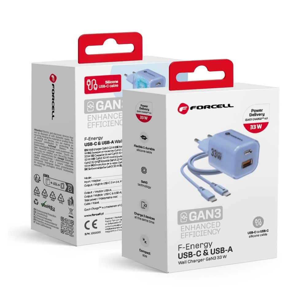 Ładowarka sieciowa Forcell F-Energy GaN 33W 2 wejścia z kablem Typ-C niebieska Xiaomi Redmi Note 11S Ładowarka sieciowa Forcell F-Energy GaN 33W 2 wejścia z kablem Typ-C niebieska Xiaomi Redmi Note 11S