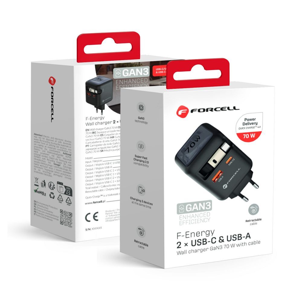 Ładowarka sieciowa Forcell F-Energy GaN USB C + USB A + zwijany kabel USB C PD QC4.0 3A 70W VT-R7 szara SAMSUNG Galaxy M12 Ładowarka sieciowa Forcell F-Energy GaN USB C + USB A + zwijany kabel USB C PD QC4.0 3A 70W VT-R7 szara SAMSUNG Galaxy M12