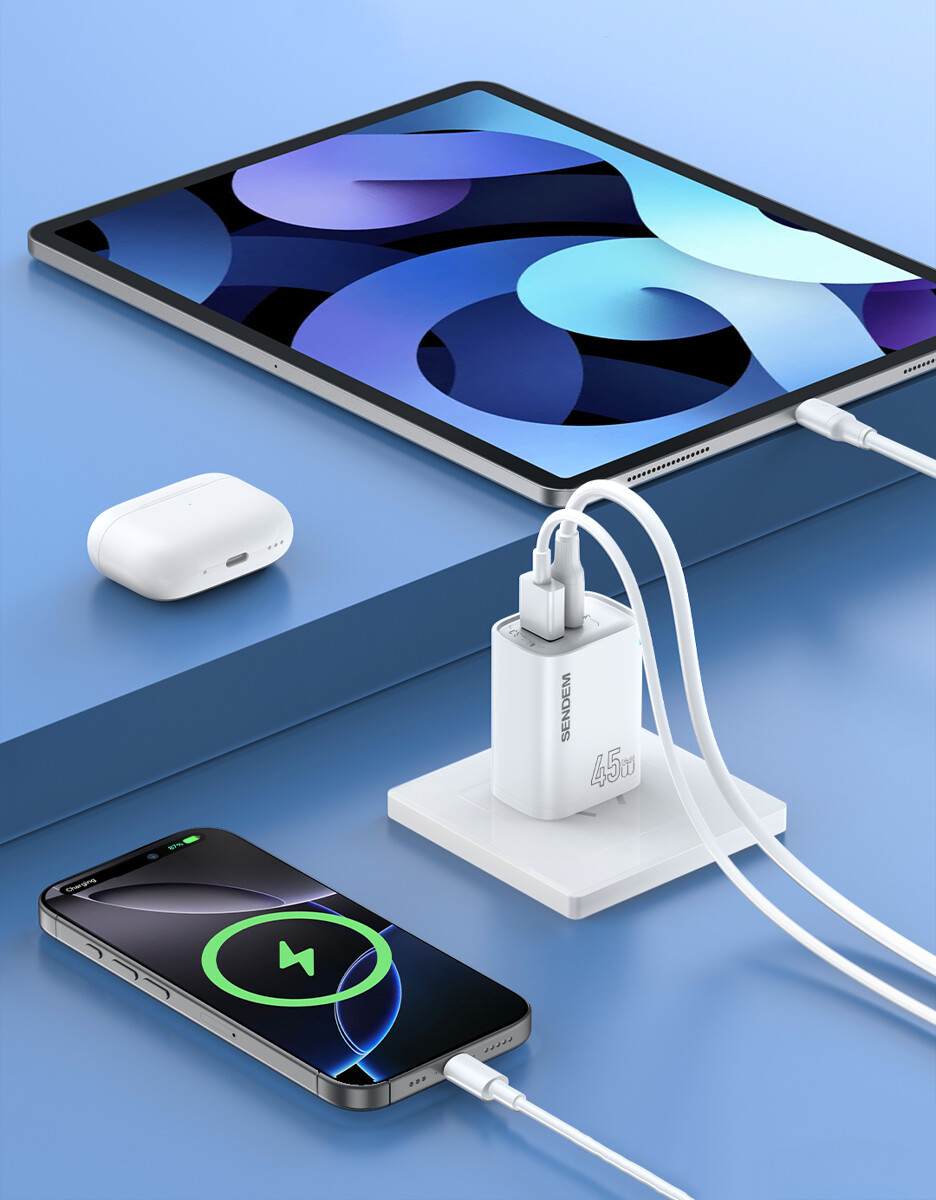 Ładowarka sieciowa Sendem OG63 USB-A+USB-C 45W GaN PD z kablem Typ-C biała Xiaomi POCO M5s / 5 Ładowarka sieciowa Sendem OG63 USB-A+USB-C 45W GaN PD z kablem Typ-C biała Xiaomi POCO M5s / 5