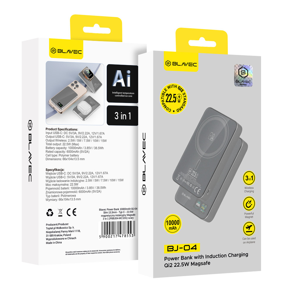 Power bank Blavec BJ-04 10000mAh Slim 22,5W indukcyjny Magsafe szary OnePlus 5T / 7 Power bank Blavec BJ-04 10000mAh Slim 22,5W indukcyjny Magsafe szary OnePlus 5T / 7