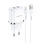 adowarka sieciowa Borofone DBN4 Aspiring 2xUSB z kablem Lightning biaa  do APPLE iPhone 6 Plus