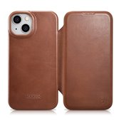 Pokrowiec etui sk�rzane z klapk� iCarer CE Oil Wax Premium Leather Folio Case br�zowe do APPLE iPhone 14 Plus